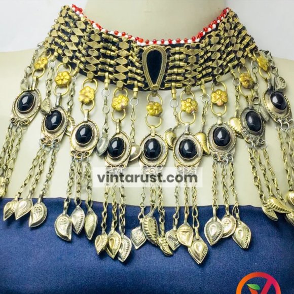 Tribal Choker Necklace With Dangling Tassels and Black Stones, Handmade Choker - Picture 9 of 11